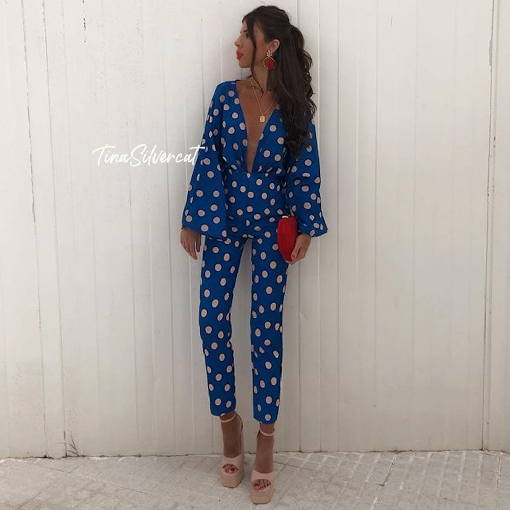 BLOGGER'S FAVE! Zara 2 Piece Pants Set And Top Blue White Polka Dot NWT - Picture 5 of 17